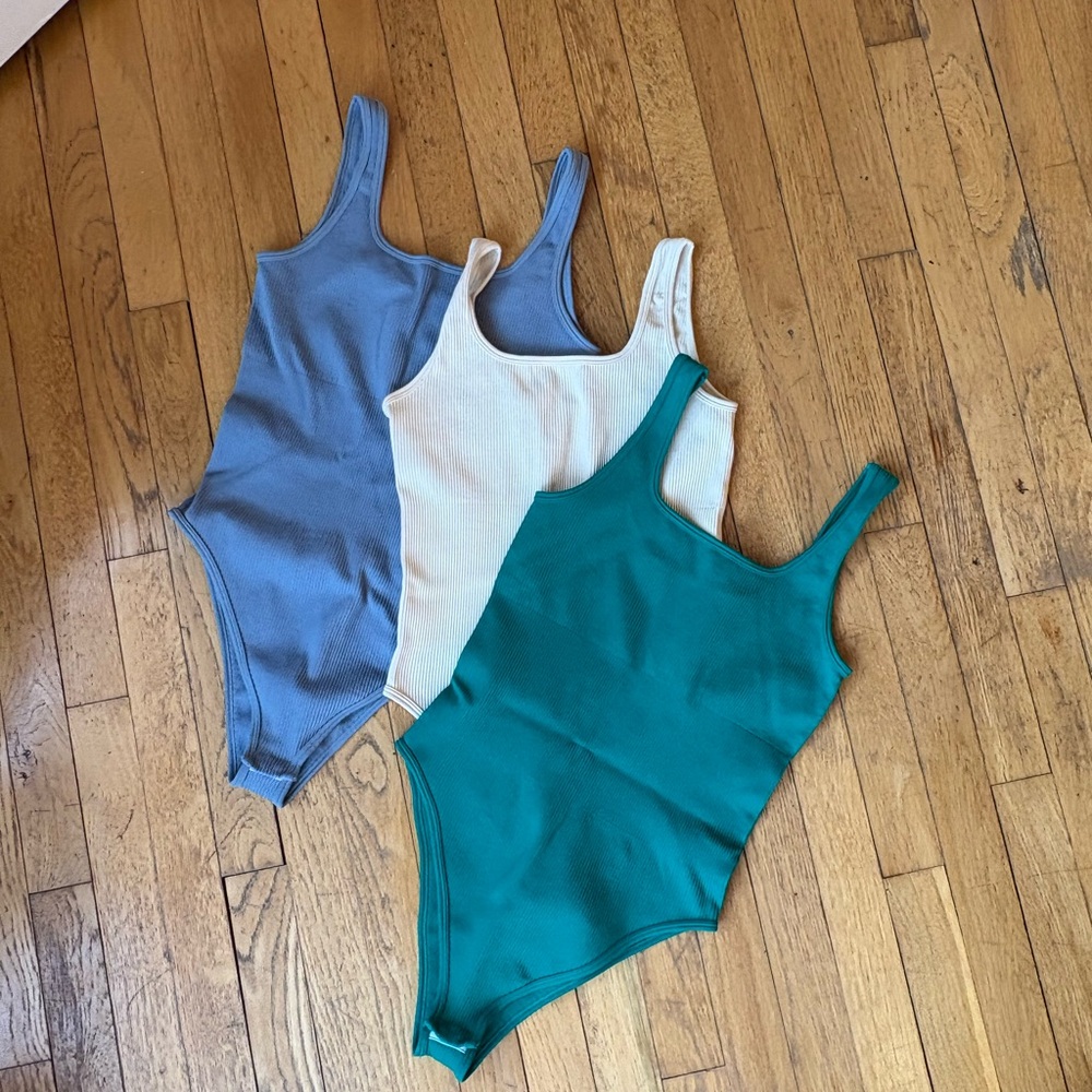 OQQ Ribbed Square Neck Bodysuits in Teal, Cream & Blue